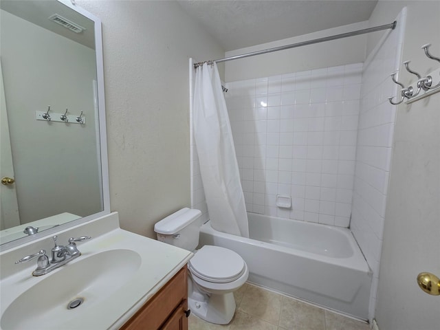 bathroom with toilet, shower / tub combo with curtain, visible vents, tile patterned flooring, and vanity