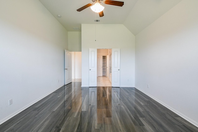 7634 Wrightwood Dr, Pasadena, TX 77505 - unfurnished bedroom with high vaulted ceiling, dark wood finished floors, visible vents, baseboards, and ceiling fan