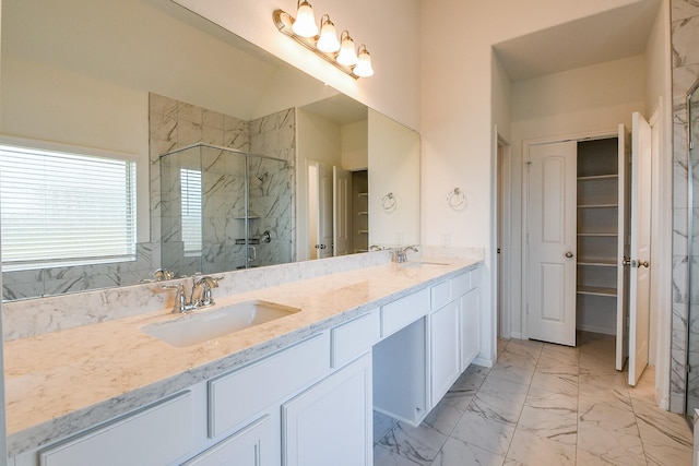 7634 Wrightwood Dr, Pasadena, TX 77505 - full bathroom with a marble finish shower, marble finish floor, double vanity, and a sink