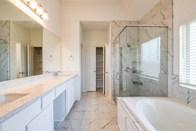 7634 Wrightwood Dr, Pasadena, TX 77505 - full bathroom featuring a bath, marble finish floor, a stall shower, and a sink