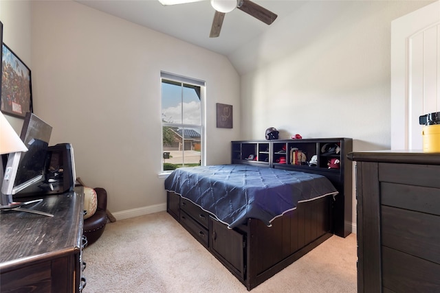 1806 Bridge Gate Ln, Katy, TX 77494 - bedroom featuring light colored carpet, vaulted ceiling, baseboards, and a ceiling fan