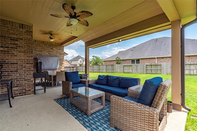 1806 Bridge Gate Ln, Katy, TX 77494 - view of patio / terrace with a fenced backyard, outdoor lounge area, a ceiling fan, and outdoor dining area