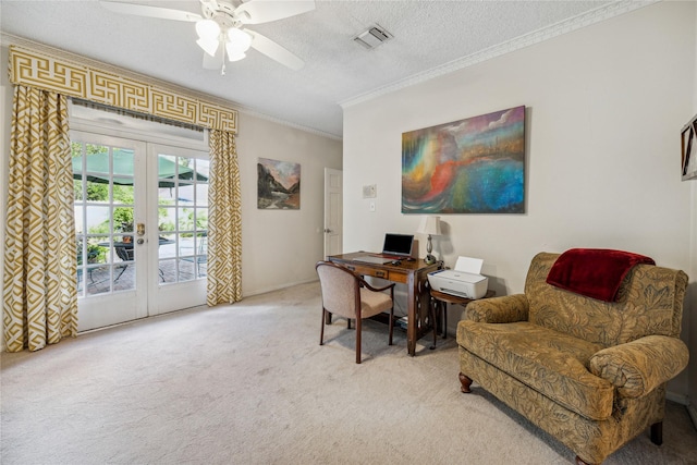 2002 Anvil Dr, Houston, TX 77090 - office space with french doors, light colored carpet, ornamental molding, a ceiling fan, and a textured ceiling