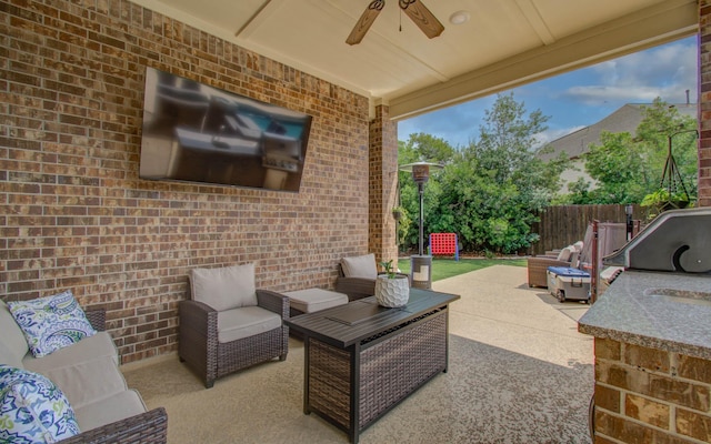 10610 Grace Hollow Dr, Cypress, TX 77433 - view of patio featuring a ceiling fan, grilling area, an outdoor living space, and fence