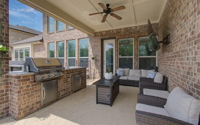 10610 Grace Hollow Dr, Cypress, TX 77433 - view of patio featuring an outdoor hangout area, area for grilling, exterior kitchen, and a ceiling fan