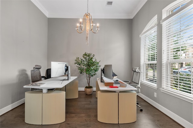 10610 Grace Hollow Dr, Cypress, TX 77433 - office with an inviting chandelier, ornamental molding, baseboards, and visible vents