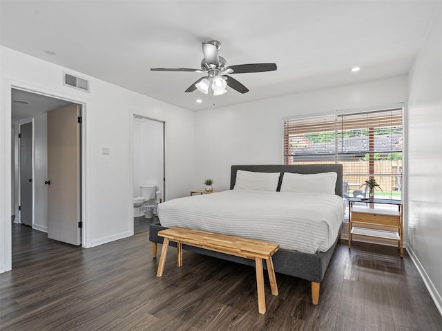 bedroom with baseboards, recessed lighting, dark wood finished floors, and visible vents