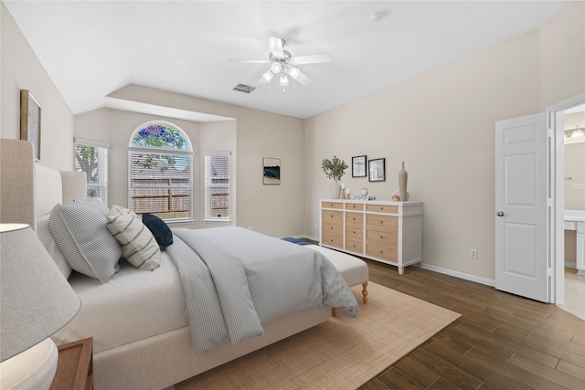 22022 Bridgestone Hawk Ct, Spring, TX 77388 - bedroom with wood finished floors, a ceiling fan, visible vents, baseboards, and lofted ceiling
