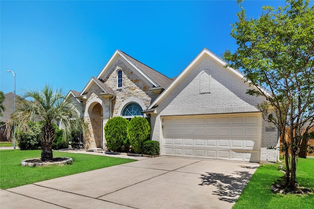22022 Bridgestone Hawk Ct, Spring, TX 77388 - view of front of house with a front yard, driveway, a garage, and stone siding