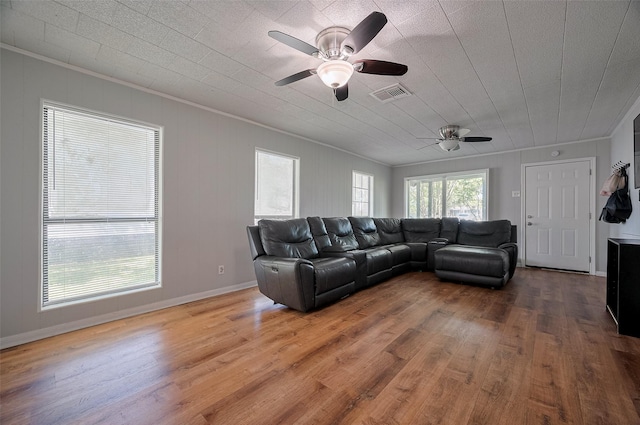 161281/2 Ridlon St, Channelview, TX 77530 - living area with ornamental molding, a ceiling fan, and wood finished floors