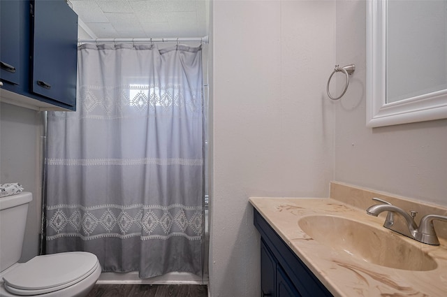 161281/2 Ridlon St, Channelview, TX 77530 - full bathroom featuring toilet, vanity, a shower with shower curtain, and wood finished floors