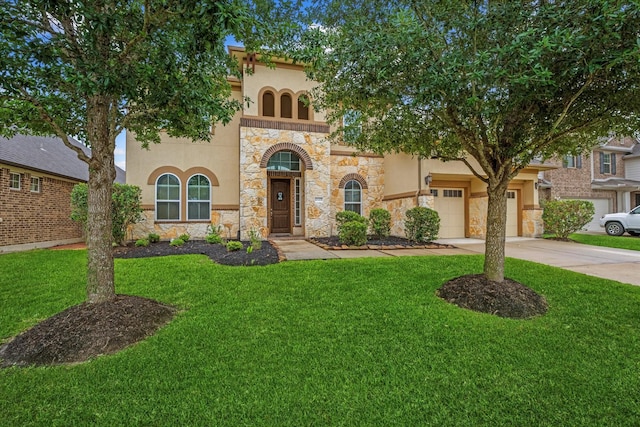 mediterranean / spanish-style house with stone siding, stucco siding, concrete driveway, and a front yard