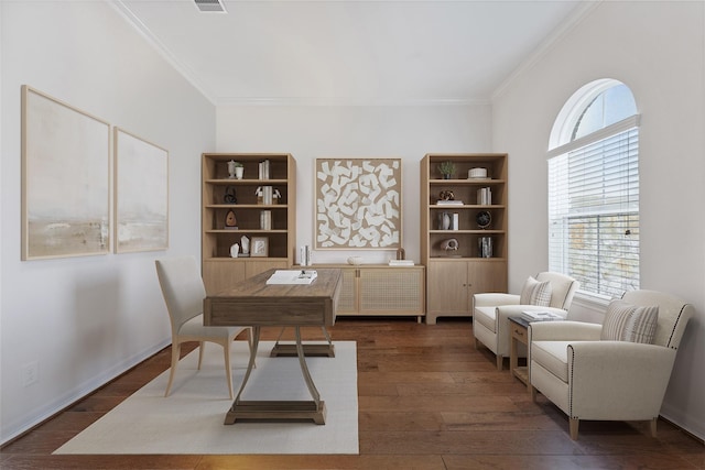 home office with ornamental molding and dark wood-style flooring