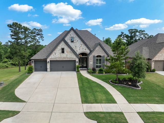 8642 Burdekin Rd, Magnolia, TX 77354 - french country home with stone siding, driveway, a front lawn, an attached garage, and brick siding