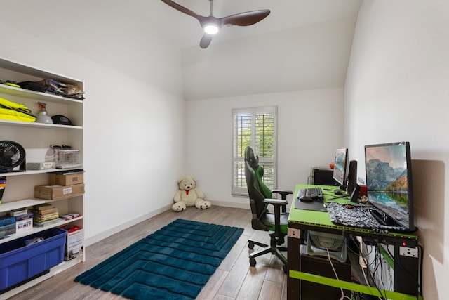 8642 Burdekin Rd, Magnolia, TX 77354 - office with lofted ceiling, a ceiling fan, and wood finished floors