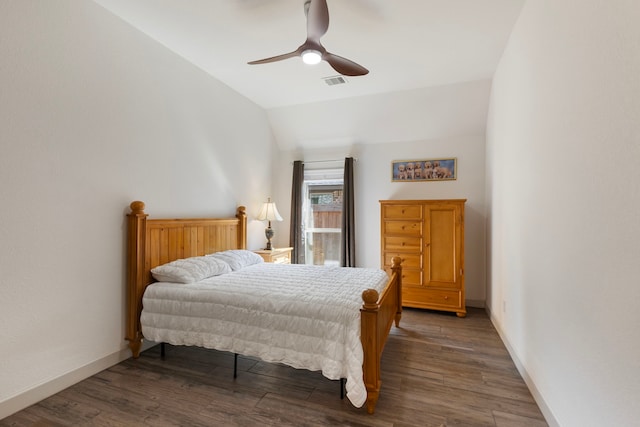 8642 Burdekin Rd, Magnolia, TX 77354 - bedroom with lofted ceiling, dark wood-style floors, baseboards, and ceiling fan