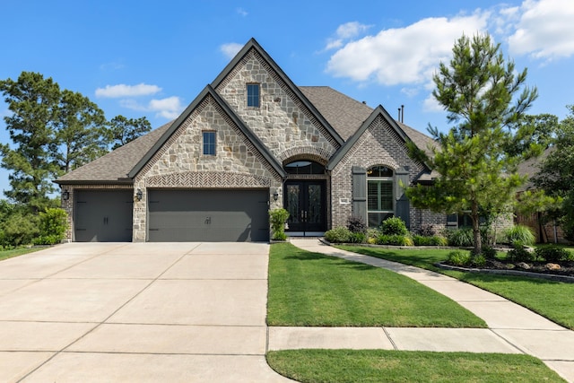 8642 Burdekin Rd, Magnolia, TX 77354 - french country home with french doors, stone siding, concrete driveway, a front lawn, and a garage