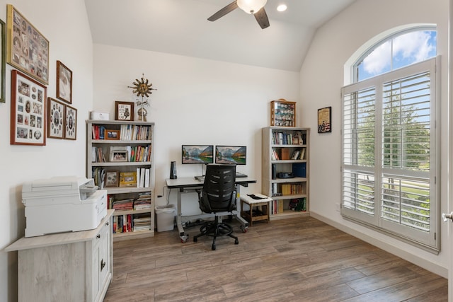 8642 Burdekin Rd, Magnolia, TX 77354 - office with healthy amount of natural light, vaulted ceiling, ceiling fan, wood finished floors, and recessed lighting