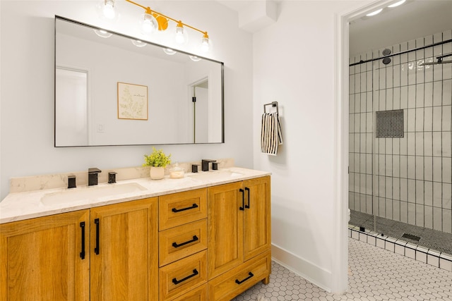 5502 Graystone Ln, Houston, TX 77069 - bathroom with double vanity, tile patterned flooring, tiled shower, and a sink