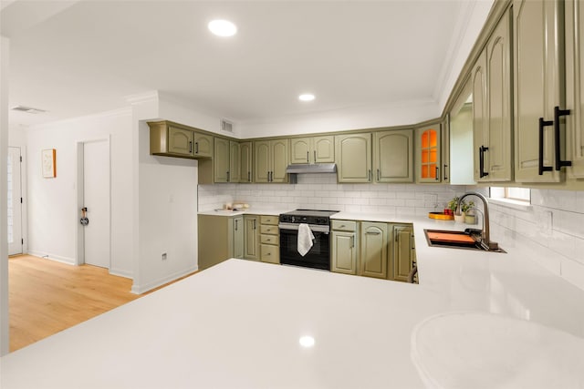 5502 Graystone Ln, Houston, TX 77069 - kitchen featuring under cabinet range hood, a sink, green cabinetry, backsplash, and electric range