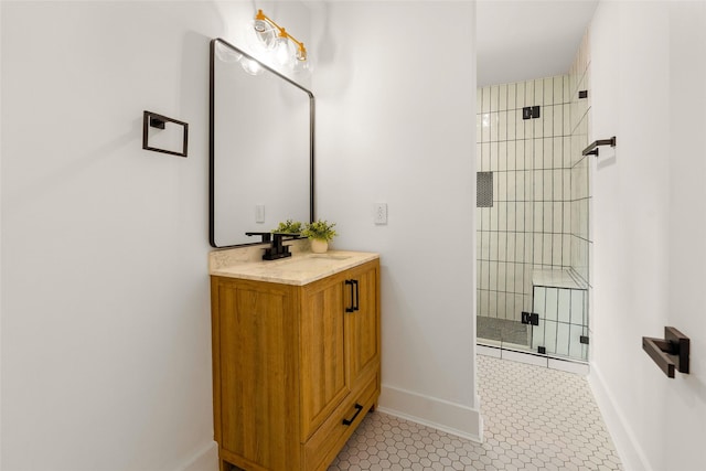 5502 Graystone Ln, Houston, TX 77069 - full bath with vanity, baseboards, tiled shower, and tile patterned flooring