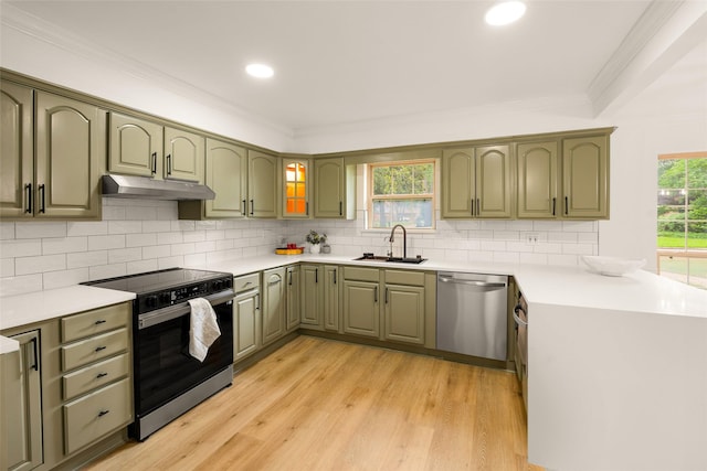 5502 Graystone Ln, Houston, TX 77069 - kitchen with a sink, dishwasher, under cabinet range hood, green cabinets, and electric stove
