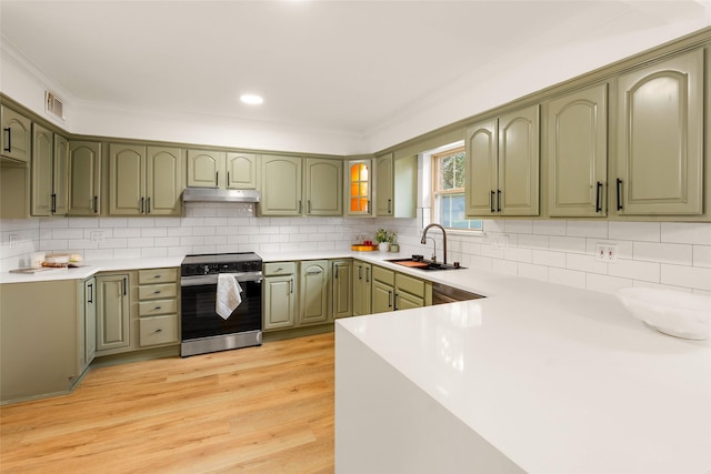 5502 Graystone Ln, Houston, TX 77069 - kitchen featuring a sink, green cabinetry, ornamental molding, under cabinet range hood, and range with electric cooktop