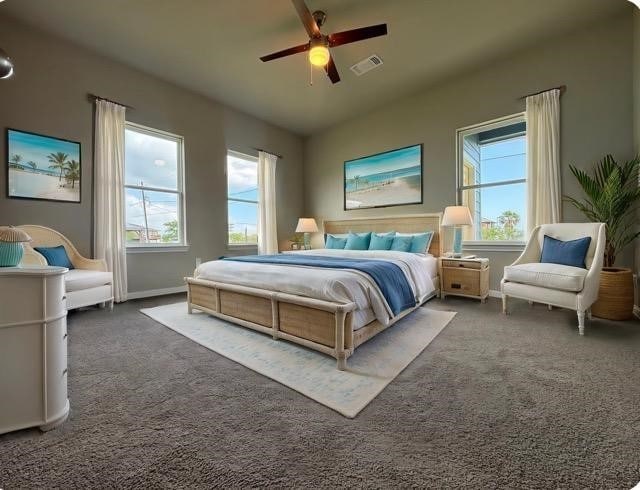 carpeted bedroom with baseboards, a ceiling fan, visible vents, and multiple windows