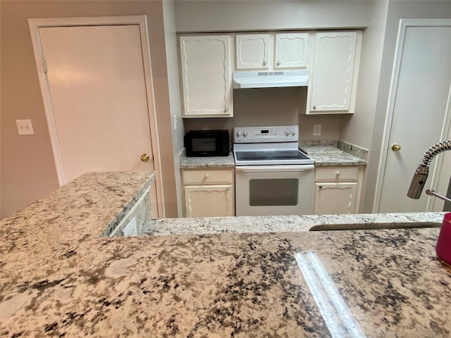 kitchen with under cabinet range hood, electric stove, white cabinetry, light stone counters, and a sink