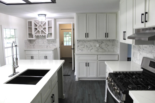 213 Red Haven Dr, Highlands, TX 77562 - kitchen featuring gas range, under cabinet range hood, a sink, tasteful backsplash, and glass insert cabinets