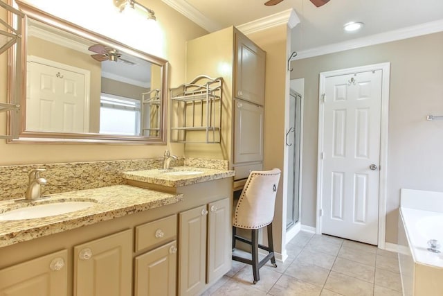 full bath featuring a sink, ceiling fan, and ornamental molding