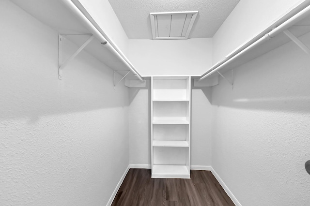 walk in closet with attic access and dark wood-style floors