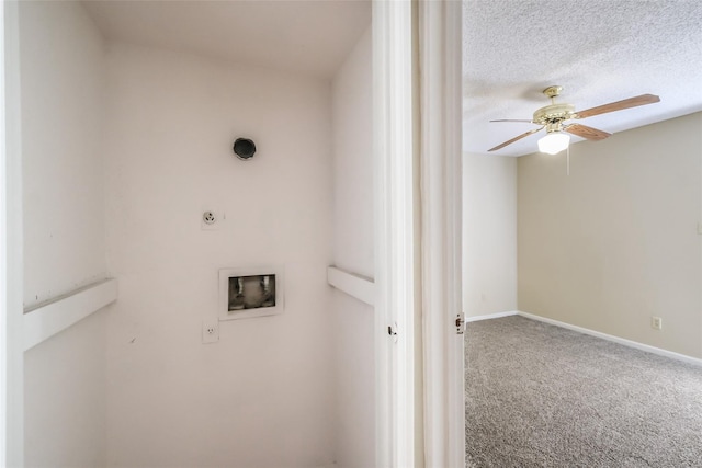 laundry room with carpet flooring, a ceiling fan, electric dryer hookup, laundry area, and hookup for a washing machine