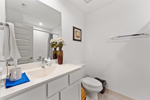 30102 Reagans Ranch Dr, Katy, TX 77494 - full bathroom with a shower with curtain, toilet, visible vents, tile patterned floors, and vanity