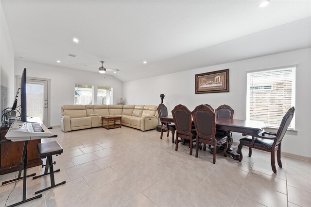 30102 Reagans Ranch Dr, Katy, TX 77494 - dining room featuring light tile patterned floors, visible vents, a ceiling fan, and recessed lighting
