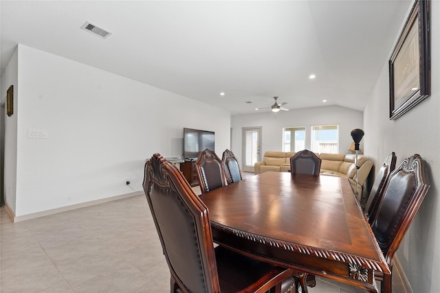 30102 Reagans Ranch Dr, Katy, TX 77494 - dining space with visible vents, baseboards, ceiling fan, lofted ceiling, and recessed lighting