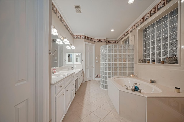 122 Marble Staff Ct, Houston, TX 77069 - bathroom with a garden tub, double vanity, tile patterned flooring, a walk in shower, and recessed lighting