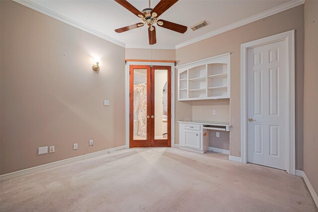 122 Marble Staff Ct, Houston, TX 77069 - empty room featuring french doors, light carpet, a ceiling fan, ornamental molding, and baseboards