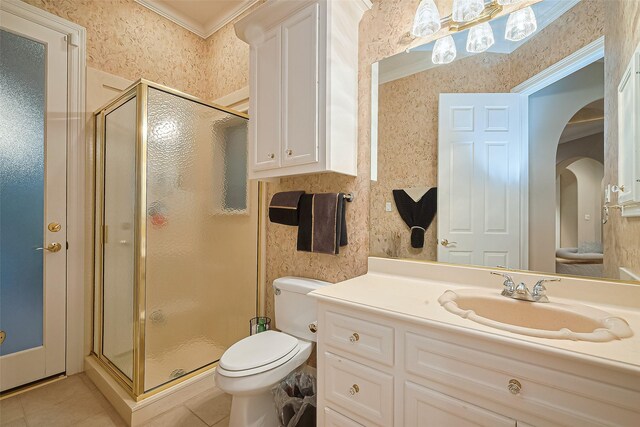 122 Marble Staff Ct, Houston, TX 77069 - bathroom with wallpapered walls, a shower stall, tile patterned flooring, toilet, and vanity