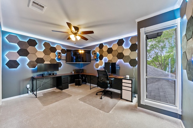 home office featuring ornamental molding, carpet flooring, ceiling fan, and baseboards