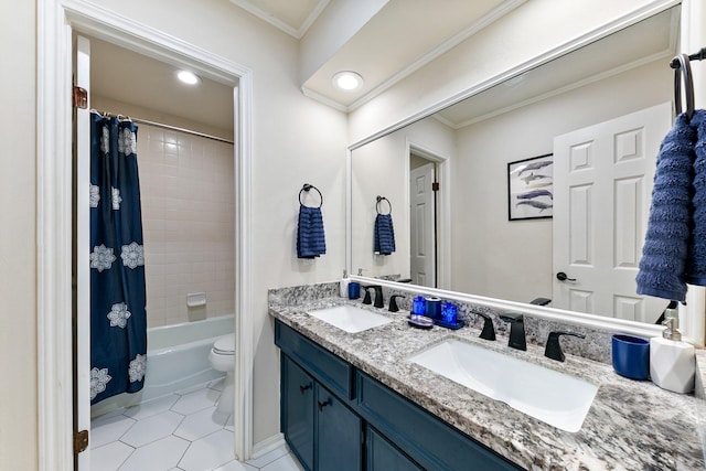 bathroom featuring tile patterned floors, ornamental molding, double vanity, recessed lighting, and shower / bathtub combination with curtain