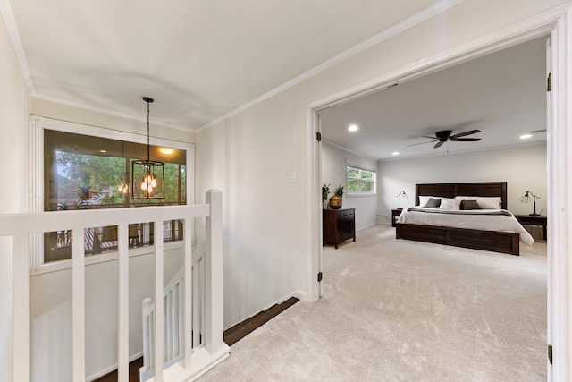 bedroom with carpet flooring, ornamental molding, a chandelier, and baseboards
