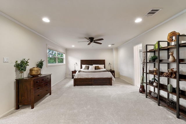 bedroom with ornamental molding, light carpet, recessed lighting, baseboards, and a ceiling fan