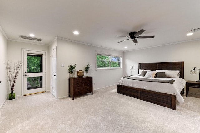 bedroom with carpet, crown molding, recessed lighting, access to outside, and a ceiling fan