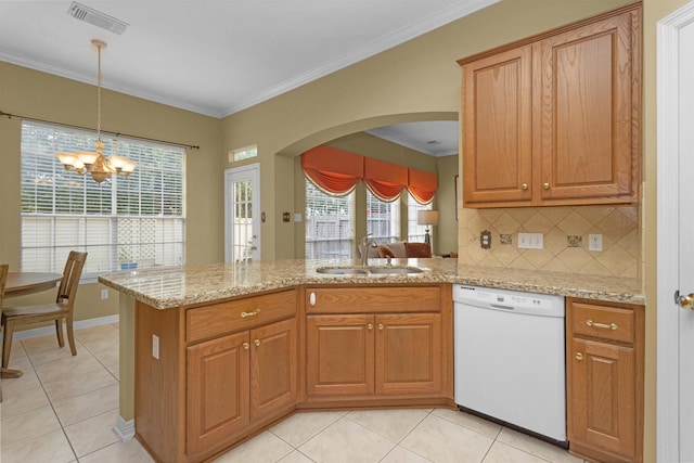 kitchen with a peninsula, a sink, visible vents, dishwasher, and light tile patterned flooring