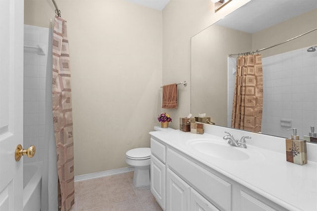 full bathroom featuring tile patterned floors, toilet, shower / tub combo with curtain, and vanity