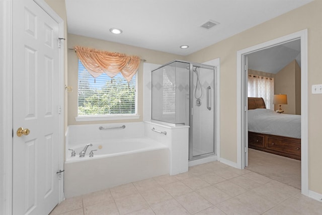 full bath featuring a shower stall, tile patterned flooring, a garden tub, and visible vents