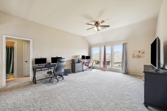 13921 Pebble Falls Ln, Pearland, TX 77584 - carpeted home office featuring a ceiling fan, lofted ceiling, and baseboards
