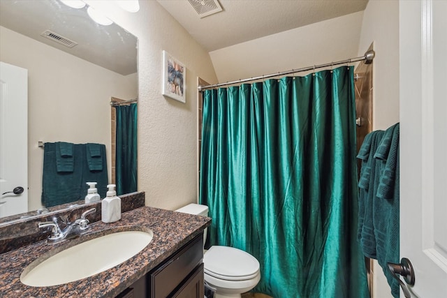 13921 Pebble Falls Ln, Pearland, TX 77584 - full bathroom with toilet, a textured wall, vanity, and a shower with curtain