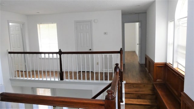 stairway with a wealth of natural light and wood finished floors